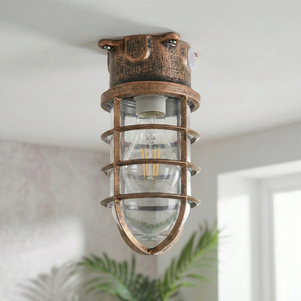 Nautical Bulkhead Flush Mount Ceiling Light Wire Cage E27 ~6546 – Brushed Copper