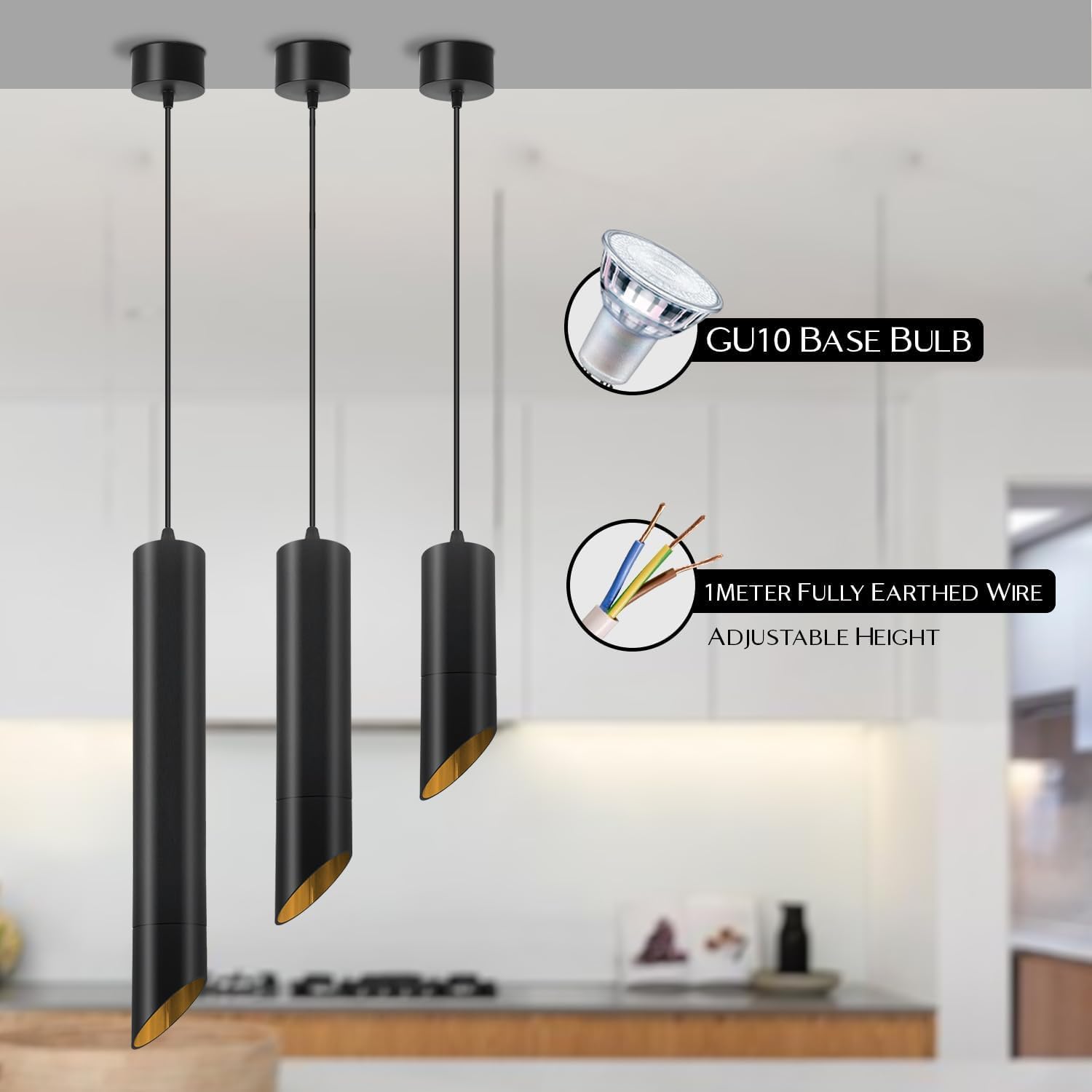Three black pendant lights with adjustable height feature, kitchen background