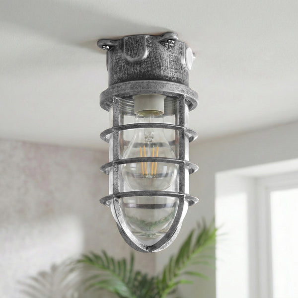 Nautical Bulkhead Flush Mount Ceiling Light Wire Cage E27 ~6546 – Brushed Silver