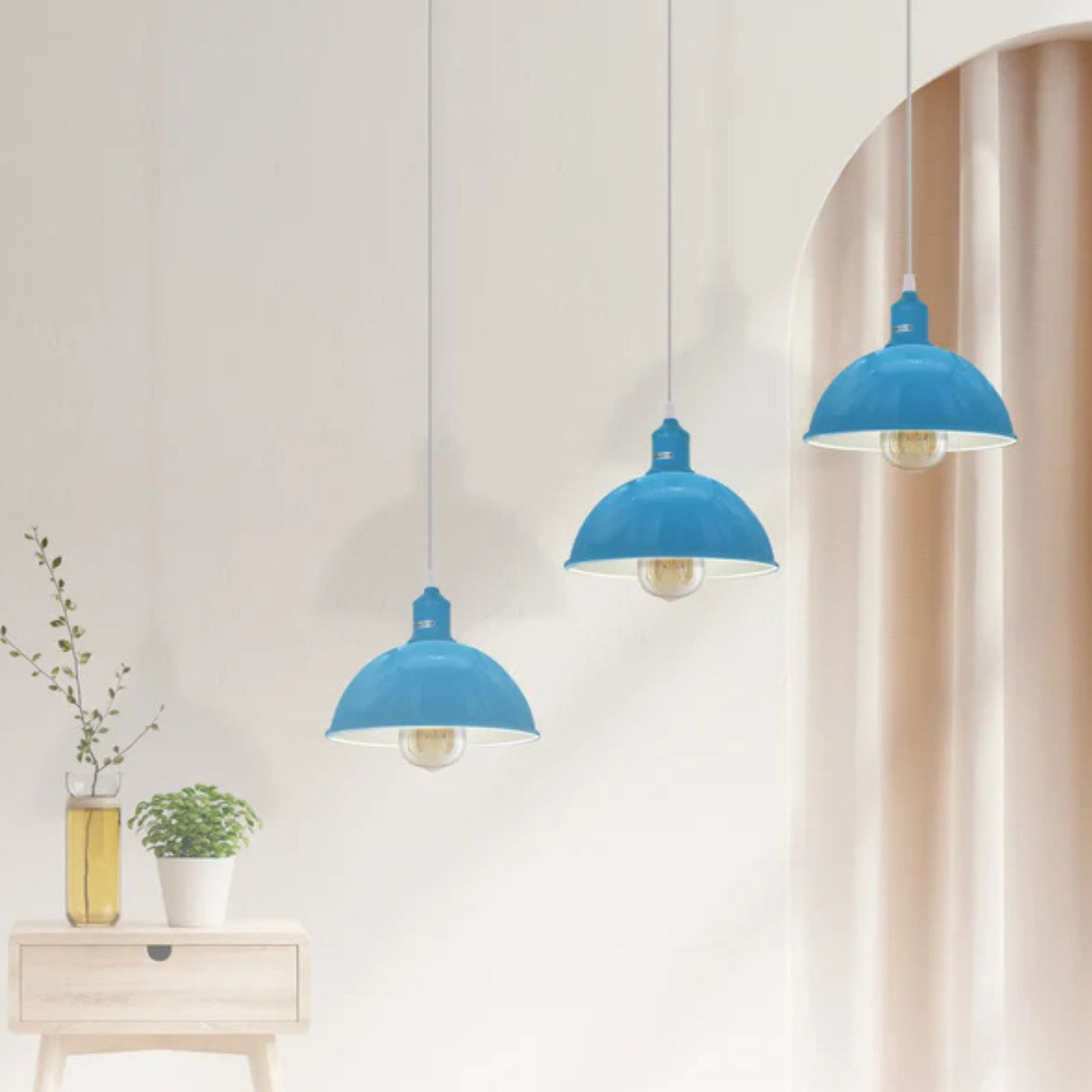 Three blue pendant lights