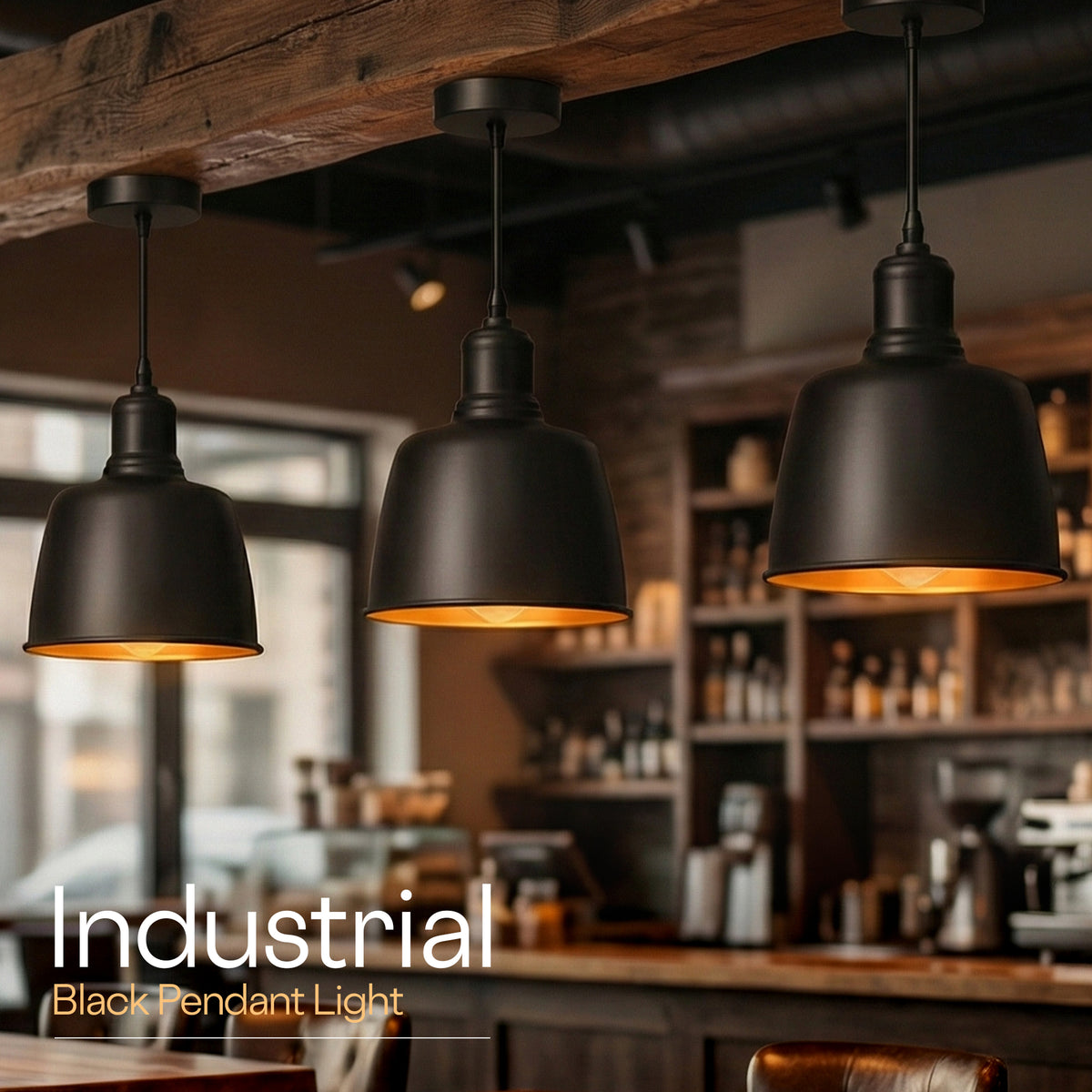 Three black industrial pendant lights hanging from a rustic wooden ceiling in a cafe setting, with warm light glowing from within the shades. Text overlay at the bottom reads 'Industrial Black Pendant Light'.