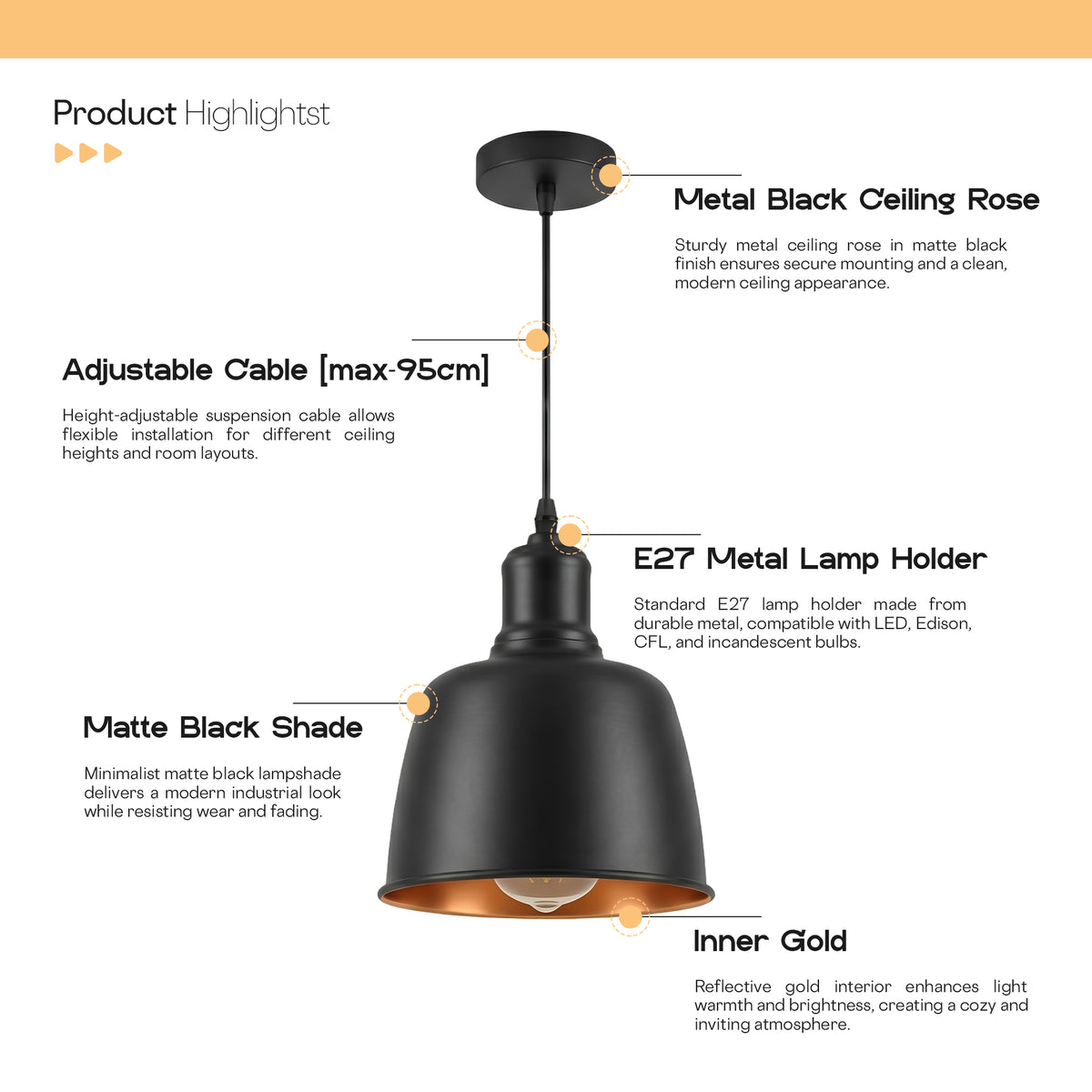 Product highlight infographic for a modern industrial pendant light, showing a black ceiling rose, adjustable cable, matte black shade, and gold interior, with text labels on a white background.