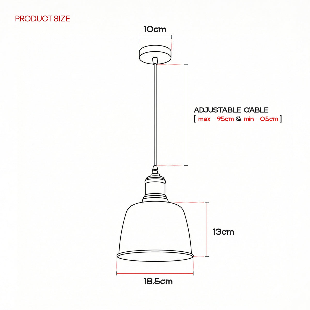 Product size diagram of a pendant light with a 10cm ceiling canopy, adjustable cable (max 95cm, min 05cm), and a 13cm wide shade, shown with dimension labels on a white background.