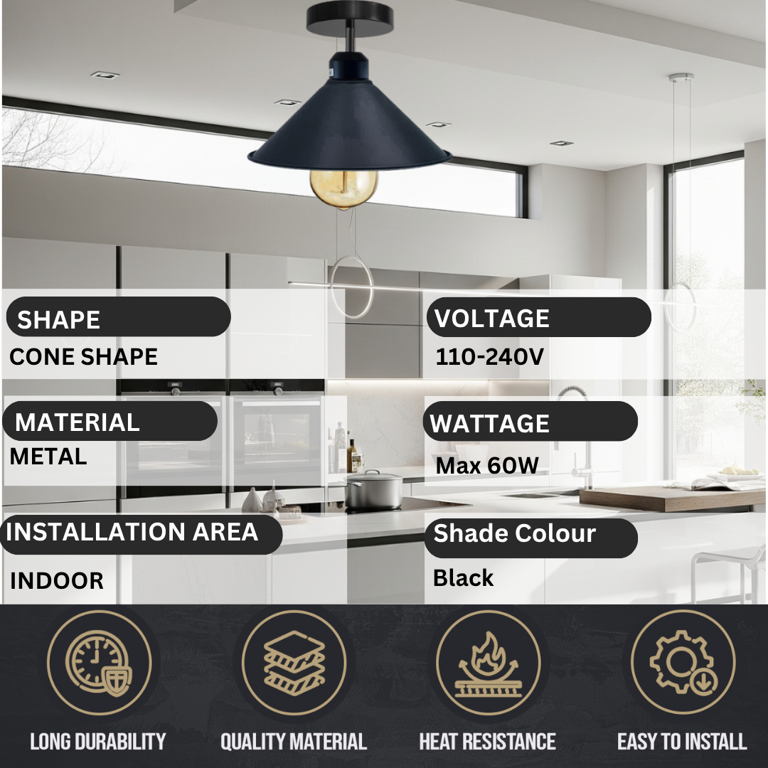 An industrial black cone shade flush mount ceiling light fixture  key product specifications overlaid on the image.