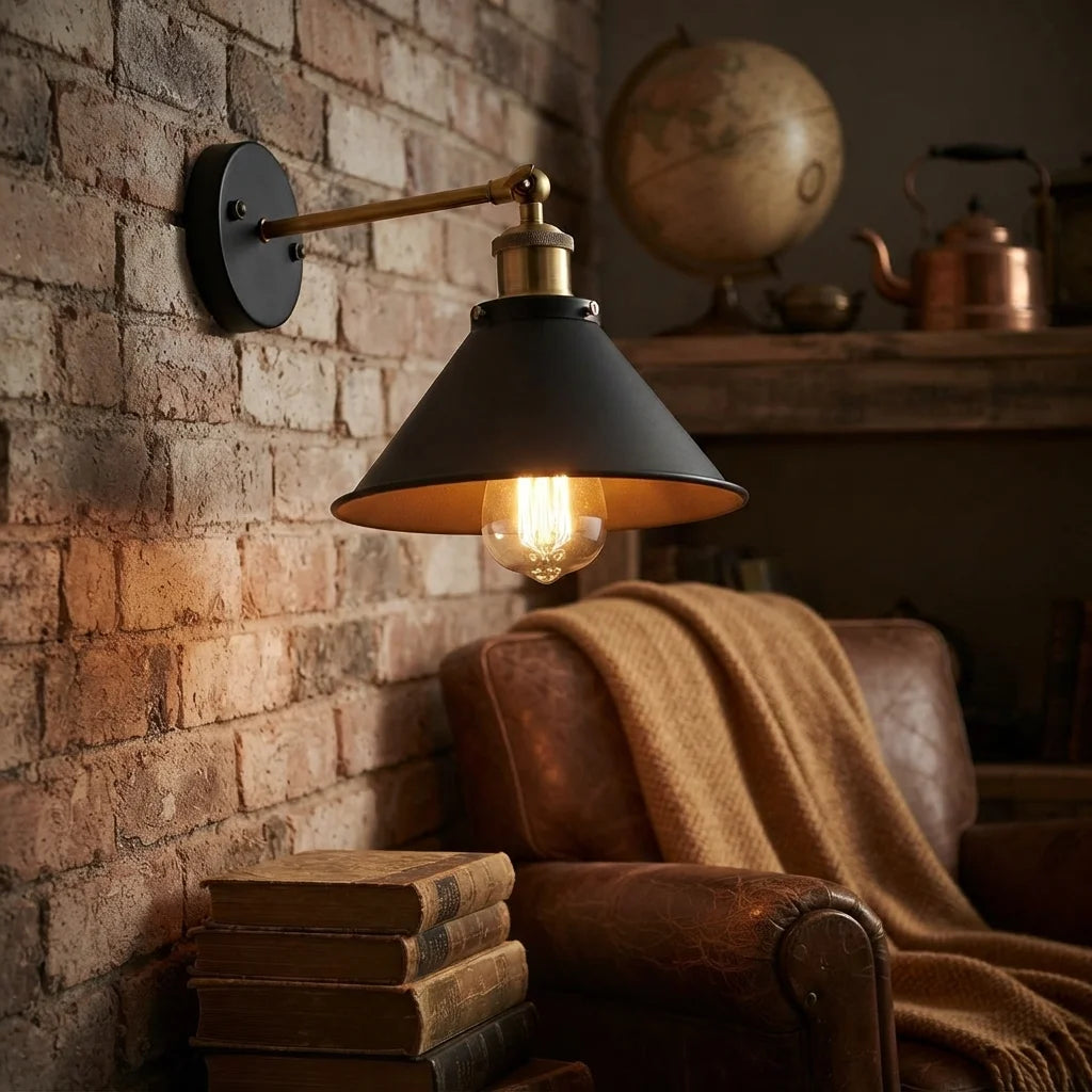 A wall-mounted industrial-style sconce with a black metal cone shade, brass-toned arm and ceiling mount, and a glowing bulb, shown lit in a cozy room with a brick wall, leather armchair, books, and a blanket.