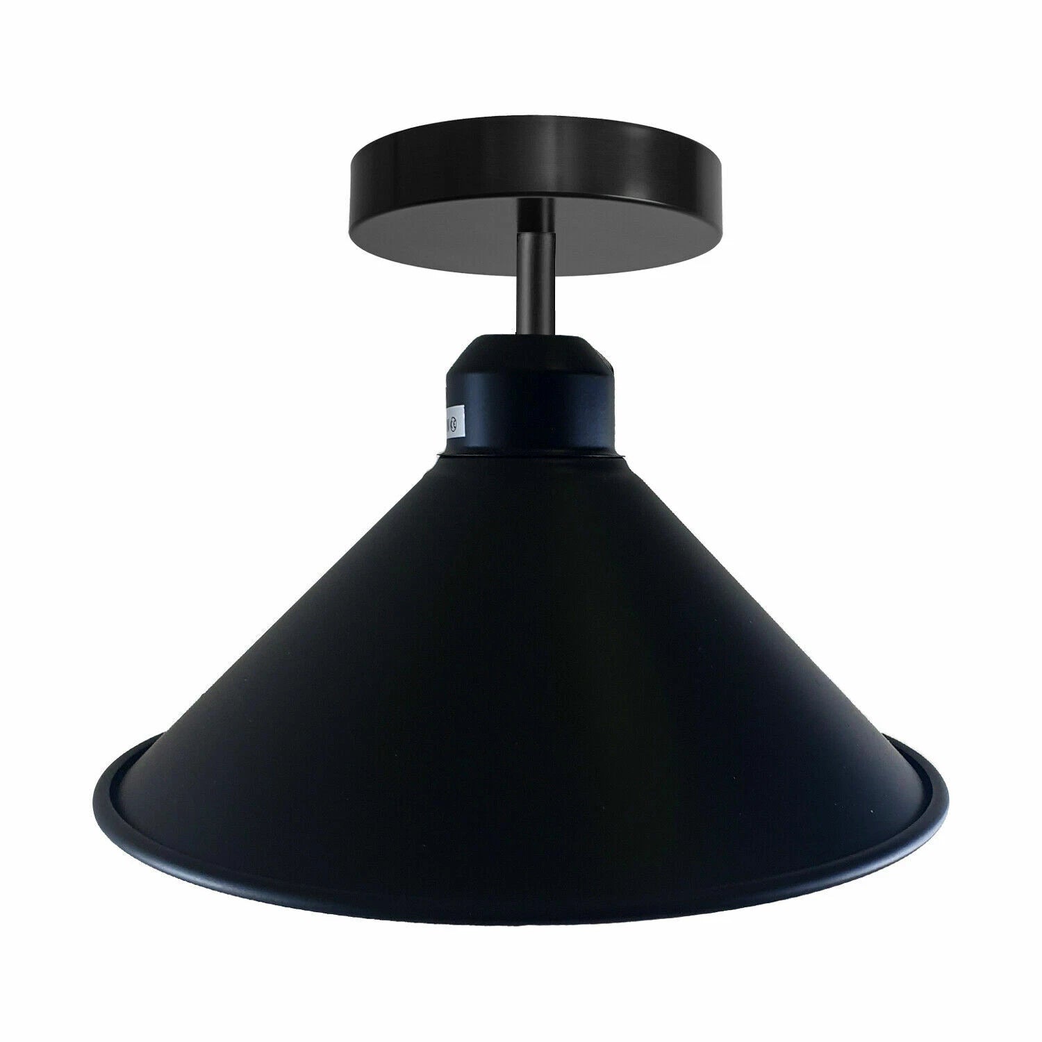  black industrial retro compact light fitting with a cone-shaped shade, designed for flush ceiling mounting.