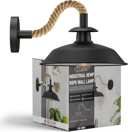 Black Industrial Hemp Rope Wall Sconce | 26cm Vintage Metal Light E27 ~5700