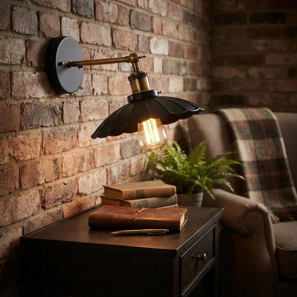 A wall-mounted industrial-style sconce with a black flower-shaped shade, brass-toned arm, and glowing bulb, shown lit in a cozy room setting with a brick wall, side table, books, and armchair.