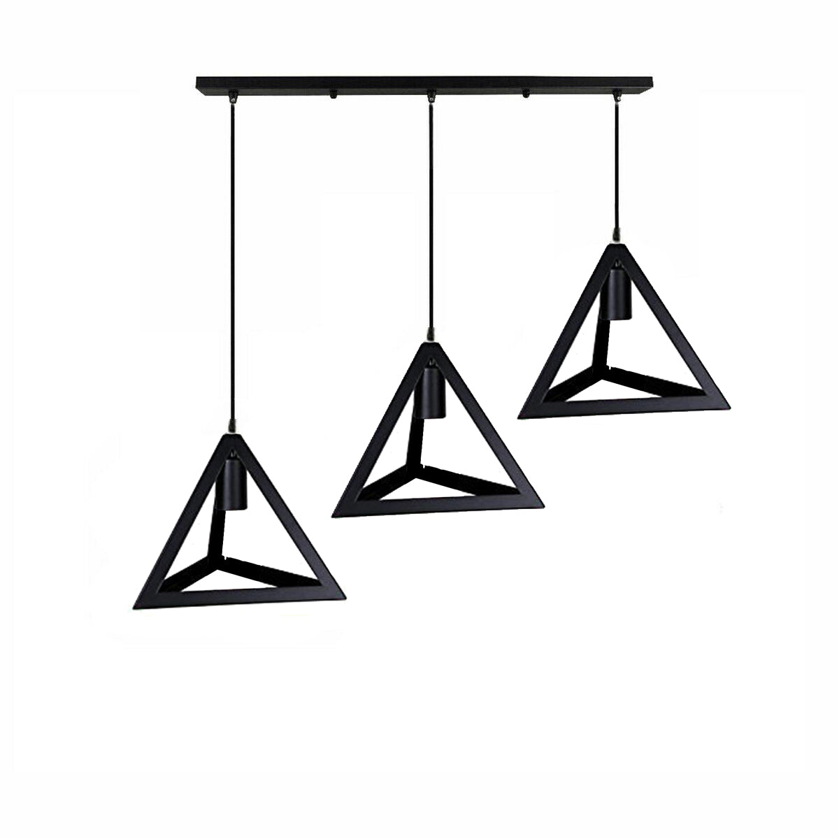 Industrial 3-light geometric pyramid chandelier in matte black.