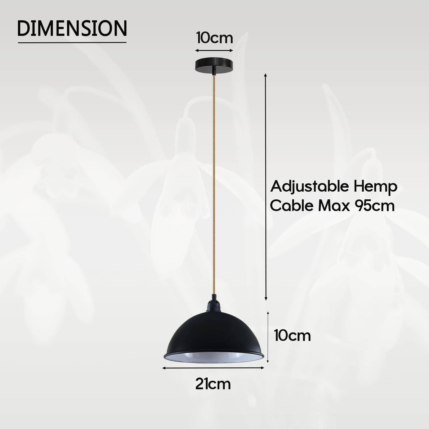 Black pendant light with adjustable hemp cable dimensions on a white background