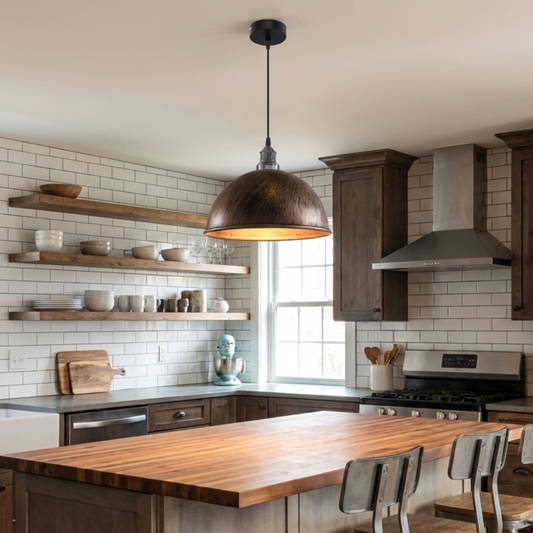 Modern kitchen with wooden island, pendant light, and white tiled walls.