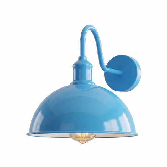 Blue wall-mounted lamp with a white background