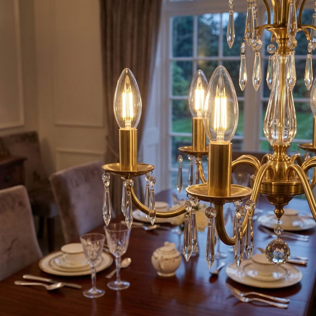 A close-up of an ornate brass chandelier with clear crystal droplets and glowing candle-style bulbs, shown in a decorated dining room setting with a wooden table, plates, and a window in the background.