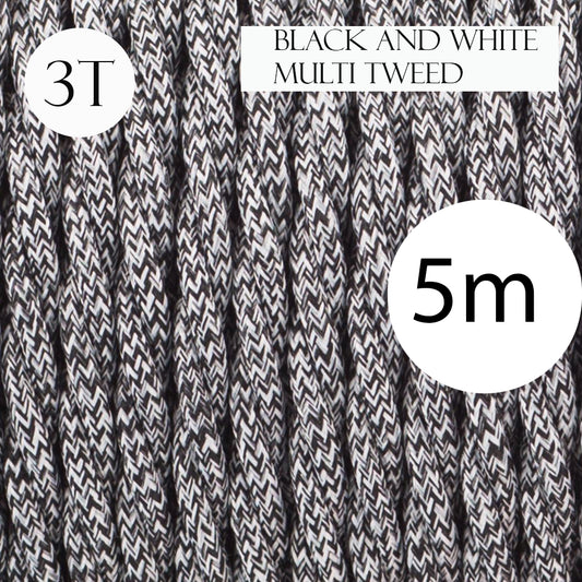 5m 3Core Twisted Black &White Multi Tweed Vintage Electric Fabric Cable Flex 0.75mm~4864