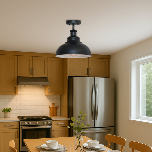 Vintage Industrial Semi-Flush Ceiling Light E27 | Hammered Metal Dome ~6382 – Black(26cm)
