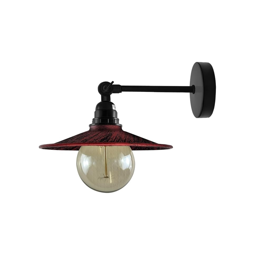 Wall-mounted lamp with red shade and exposed bulb on a white background