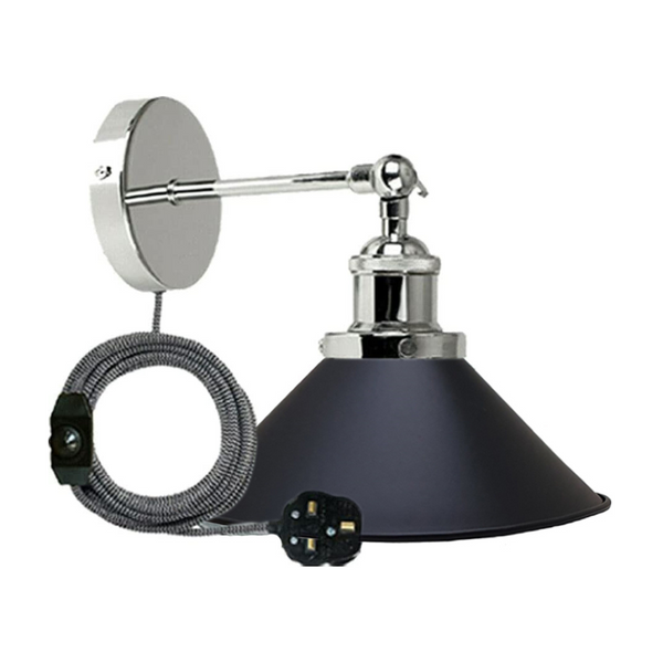 Vintage Industrial Wall Sconce Adjustable Arm, Cone Shade E27 Lamp ~5296 – Black+Chrome / Yes