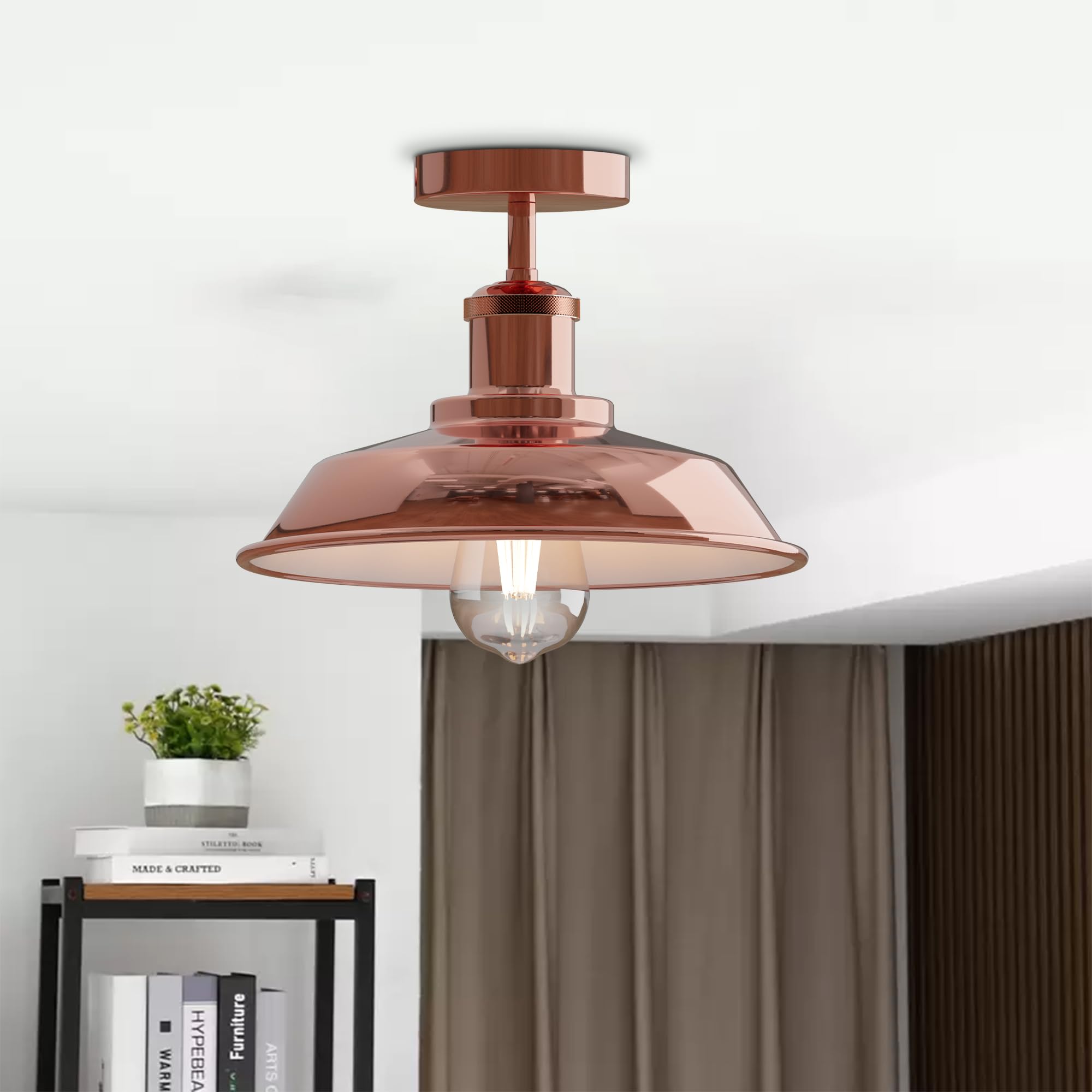 Industrial flush ceiling light vintage metal shade rose gold E27