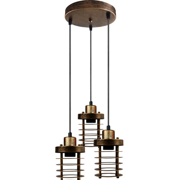3-Light Metal Cage Cluster Pendant – Ceiling Mount (Model 5313) – Brushed Copper / No