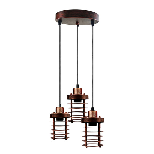 3-Light Metal Cage Cluster Pendant – Ceiling Mount (Model 5313) – Rustic Red / No