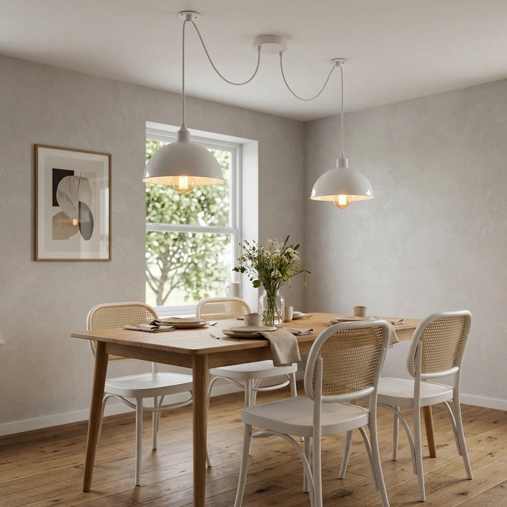 Dining room with wooden table and chairs, pendant lights, and a window.