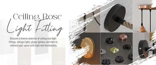 Promotional banner featuring metal ceiling rose light fittings in various finishes, including brass, copper, and black.