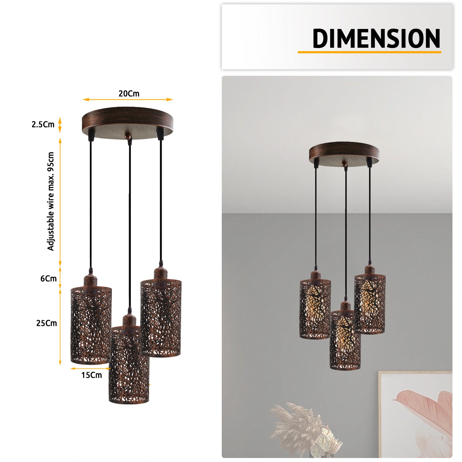 Chandelier with dimensions labeled on a white background