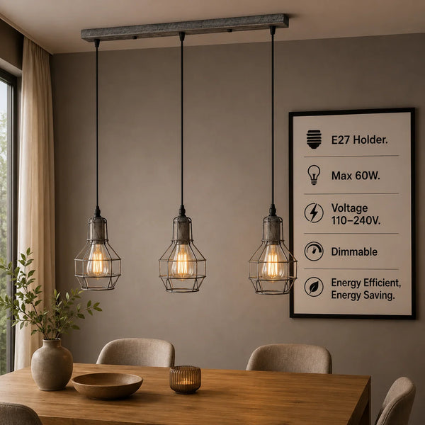 Lámparas de techo industriales de metal con 3 luces colgantes ajustables ~5868 – No