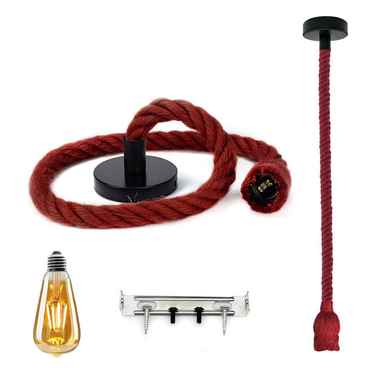 light black fittings ceiling single red rope light with bulb, E27 red hemp pendant kit, complete rustic Christmas fixture, adjustable single red hanging lamp, industrial rope light included bulb.