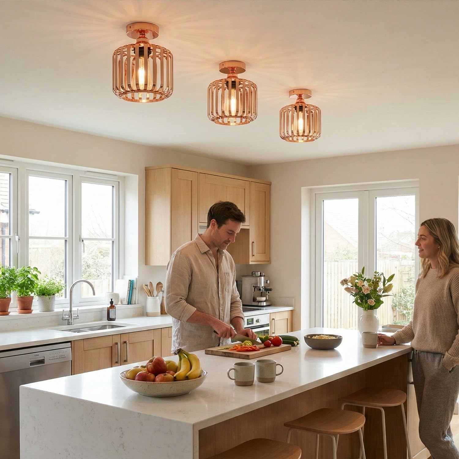 Close-up of rose gold metal finish and E27 lamp holder on LEDSone ceiling light.