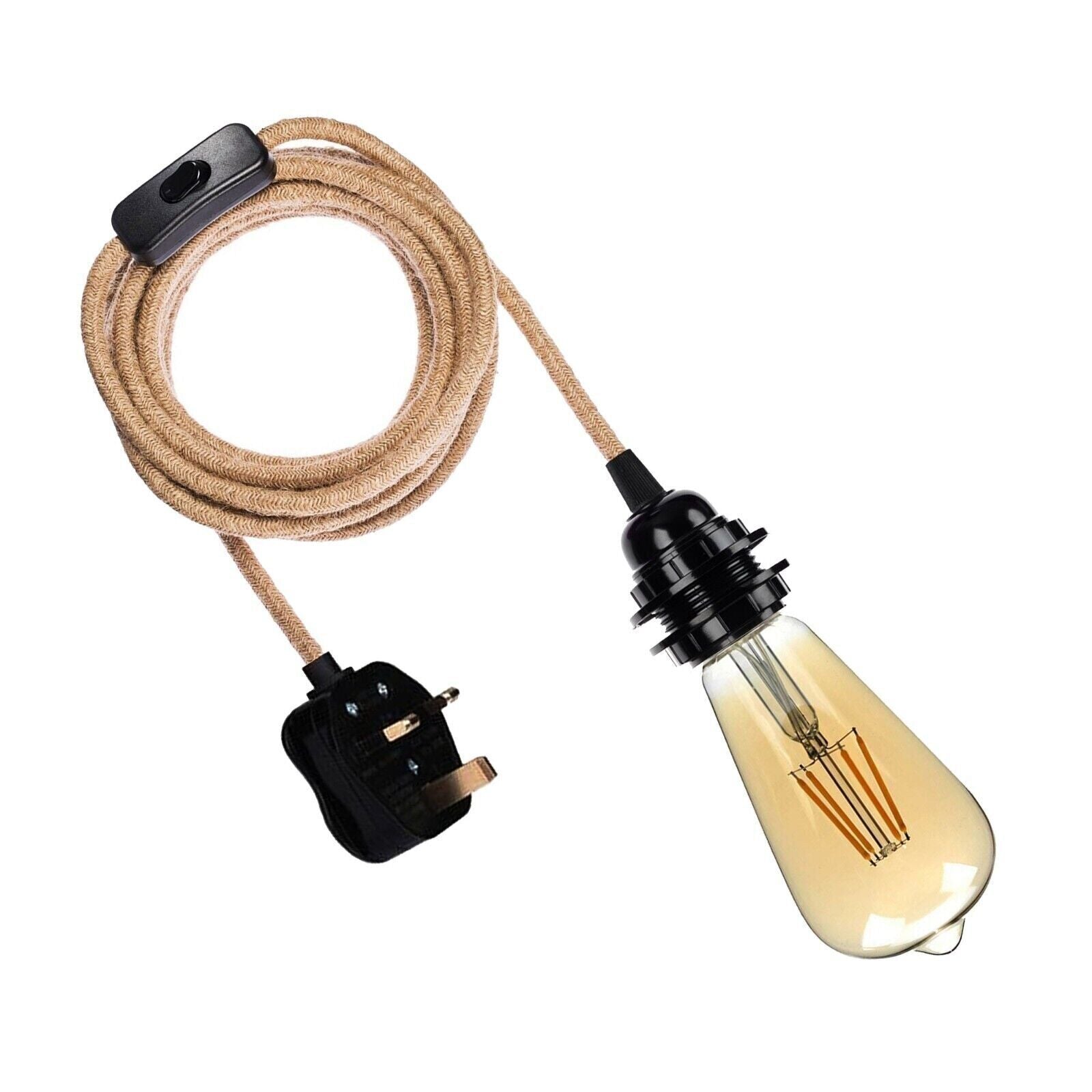 Collage of images showing a plug-in pendant light set which includes a hemp rope, a lamp holder, an on/off switch, and a UK power plug.