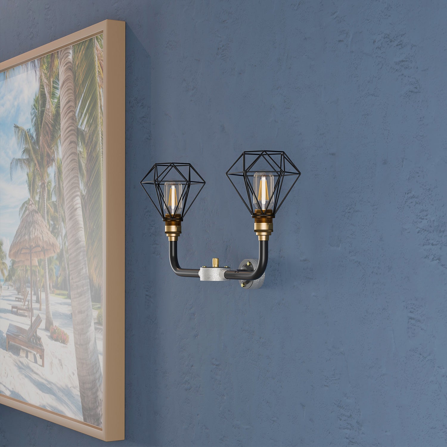 A wall-mounted industrial-style Conduit 2-way Diamond cage wall light kit with two exposed Edison-style bulbs.