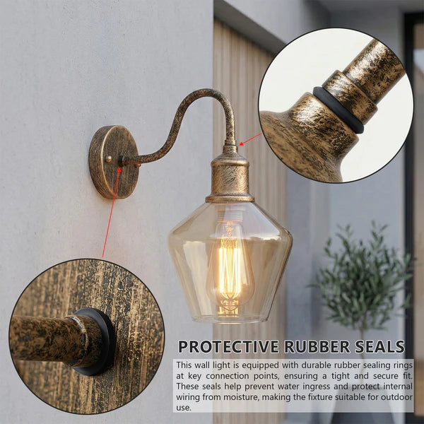 Wall-mounted light fixture with protective rubber seals, close-up details, and text on a neutral background.