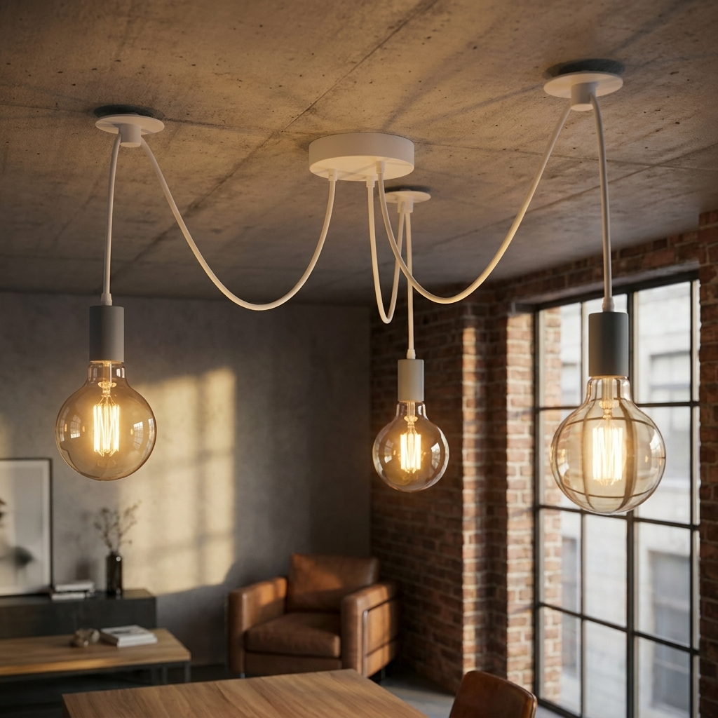 Modern pendant lights hanging in a room with exposed brick wall and large window.