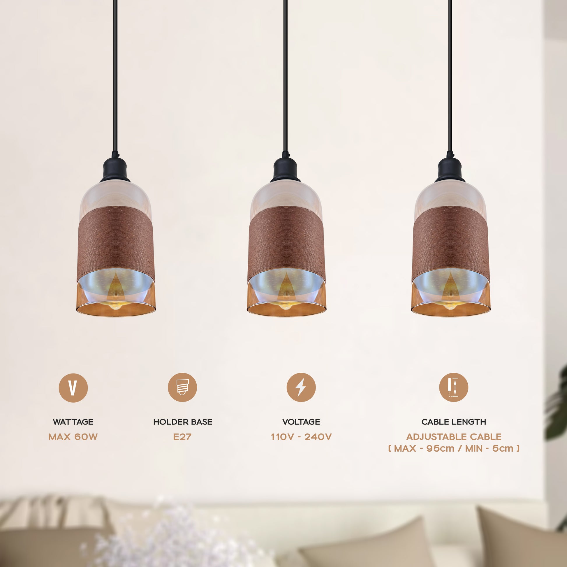 Adjustable hanging ceiling light shown over a kitchen island