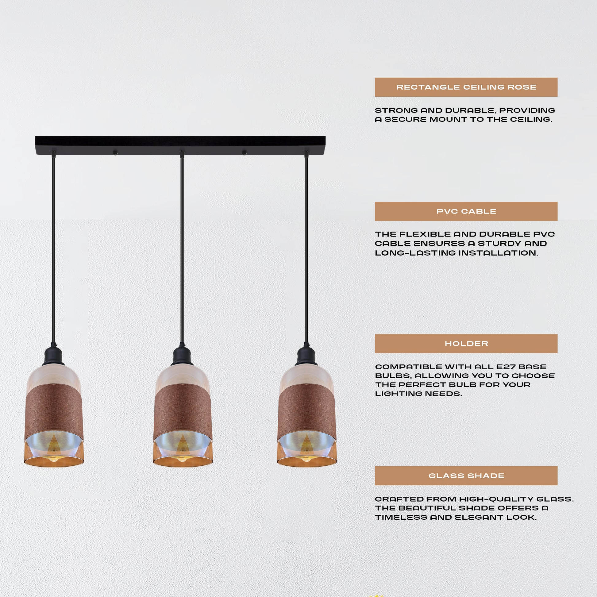 Three pendant lights with text describing their features on a white background