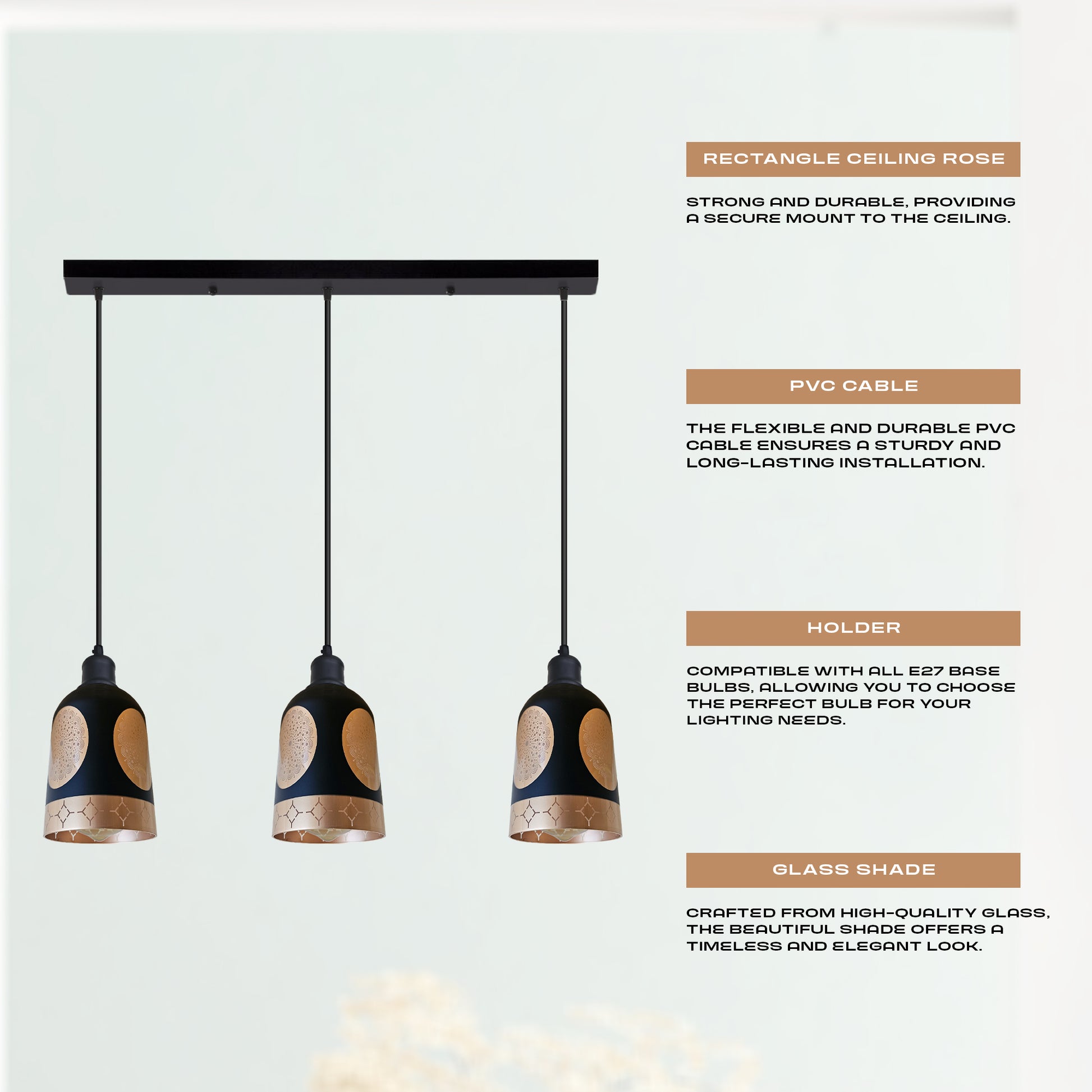 Three pendant lights with text describing features on a light gray background