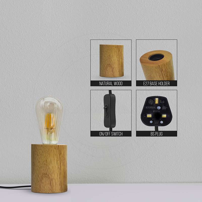 E27 220V Wooden Table Lamp 3 Pin Light Bulb With Switch