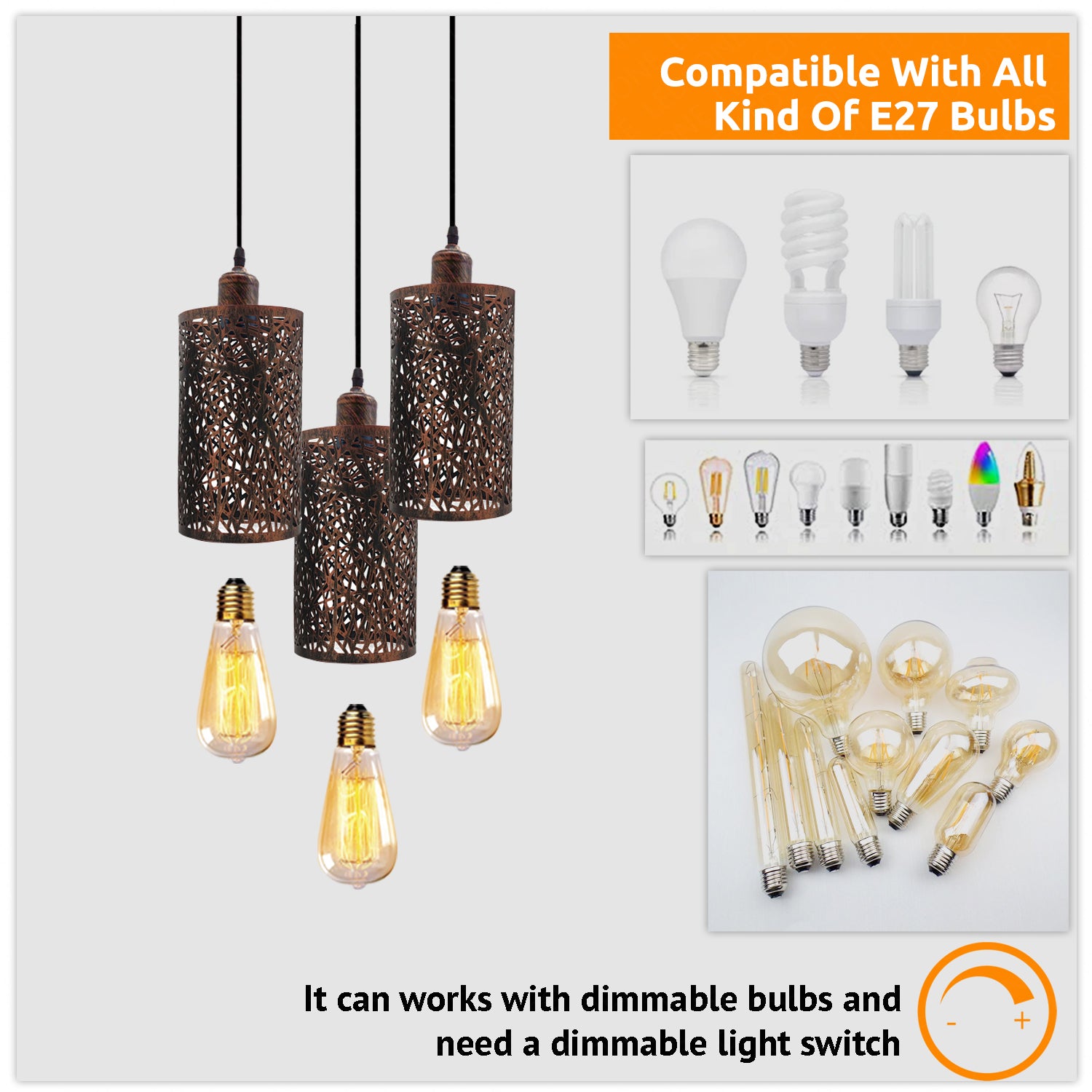 Decorative pendant lights with compatibility information for various bulbs on a white background