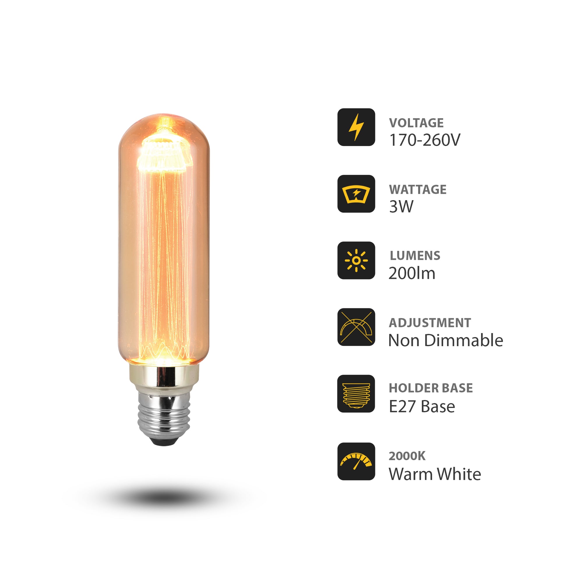 Vintage E27 Base Edison Tubular Bulbs Amber Glass Warm White Non Dimmable Bulbs-Detail