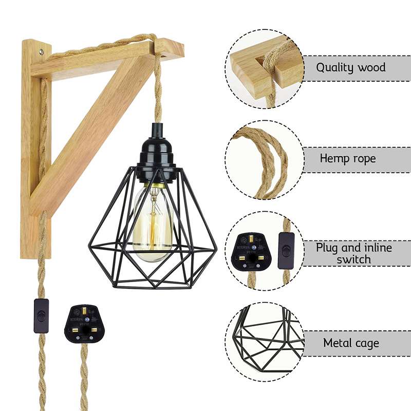 plug in cord Wood hemp rope wall lamp with diamond shade-Details