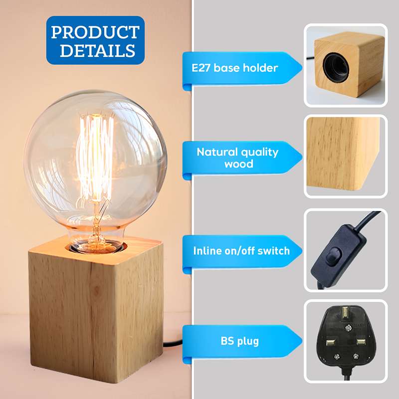 E27 Base Natural Wood On/Off Switch Bs Plug in Light