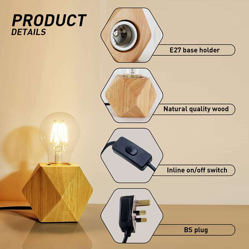 Solid Wood Table Lamp Base E27 220V Wooden 3 Pin Plug In Light with ON/OFF Switch-Product Details
