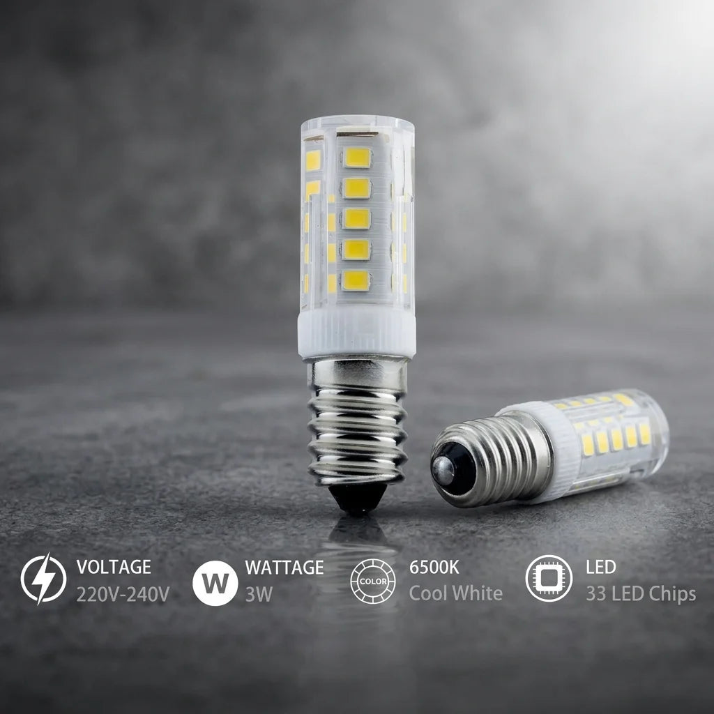 Two LED corn bulb light fixtures on a dark gray textured background, one standing upright and the other lying on its side. White text at the bottom lists specifications: Voltage 220V-240V, Wattage 3W, 6500K Cool White, and LED 33 LED Chips.