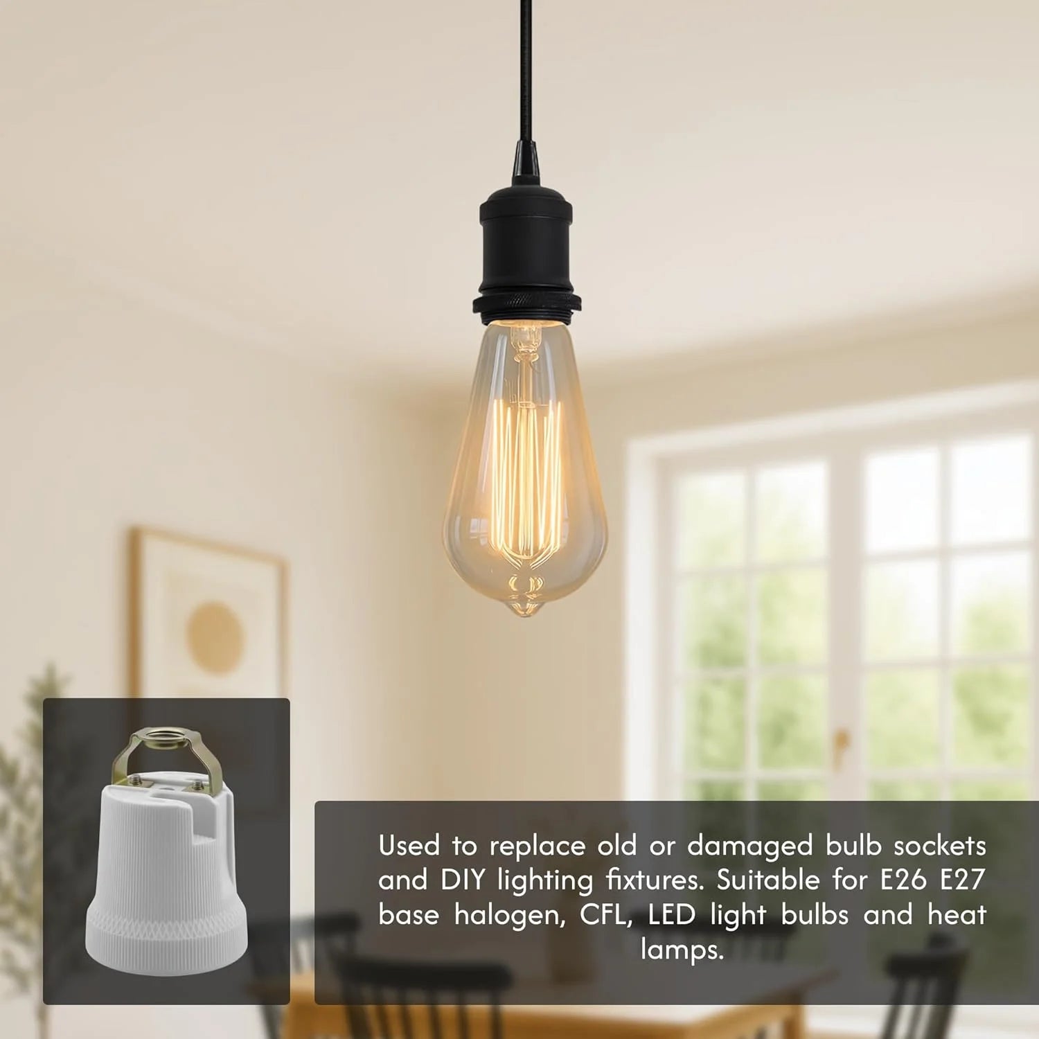 Edison-style light bulb hanging in a room with text about bulb sockets and compatibility.