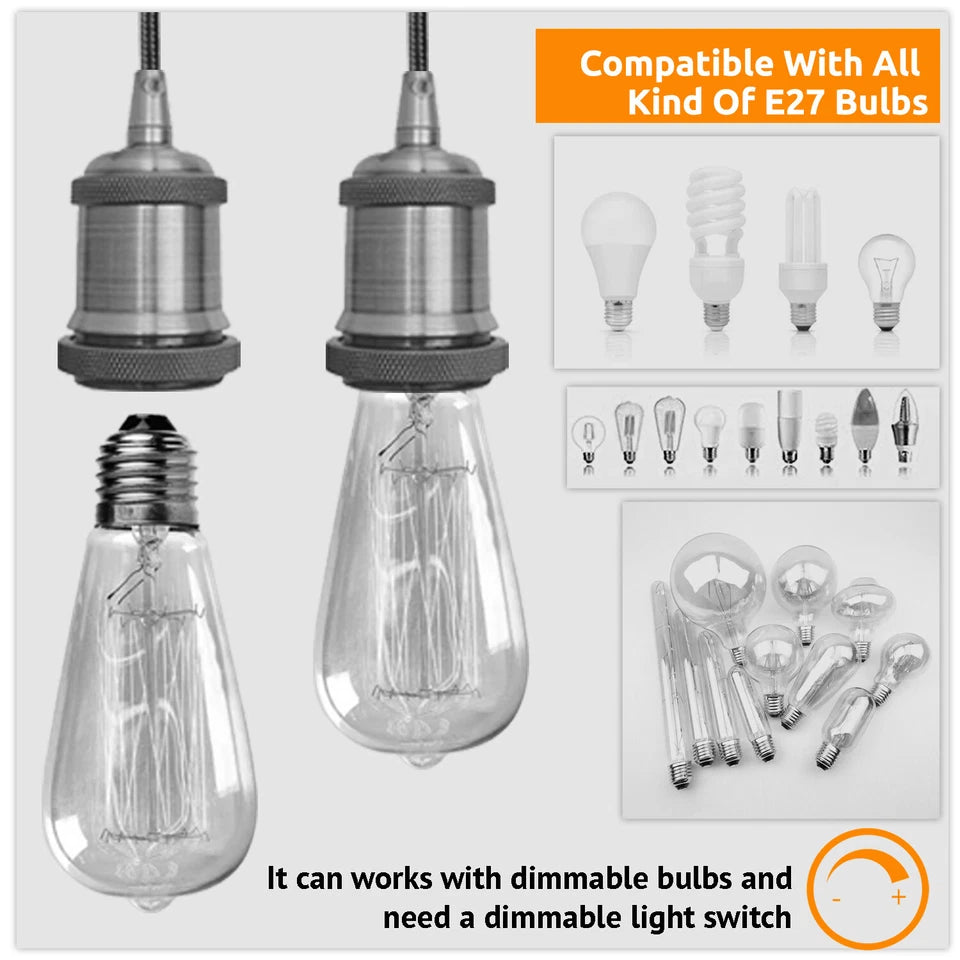 vintage pendant light black and white fabric cable satin nickel holder E27 lamp holder vintage pendant light kit satin nickel pendant 1m black and white cable