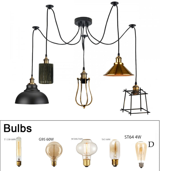 5 Way Vintage Ceiling Spider Hanging Lights 2M ~6104 – 5 Outlet Type 1 / With Bulbs