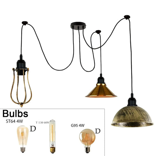 A set of vintage retro ceiling spider hanging lights with adjustable wires and various lamp shades.