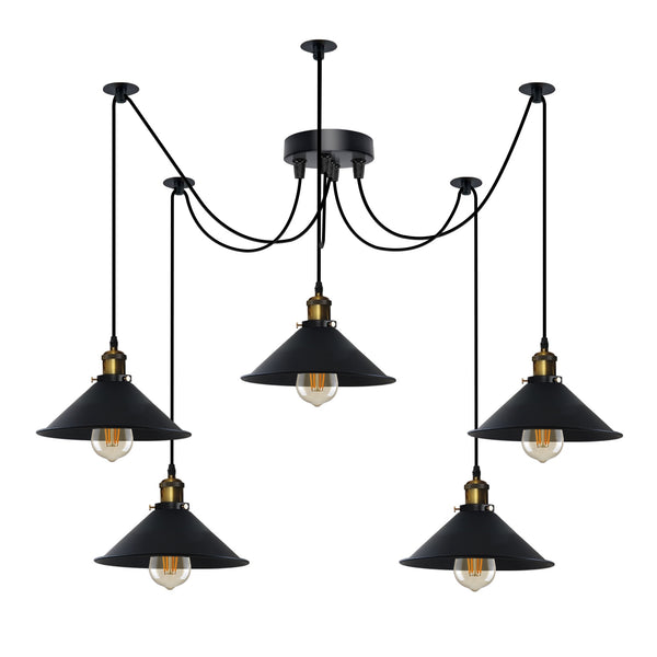 Lámpara colgante de 5 luces E27 con cable ajustable y luz tipo swag ~5126 – Negro / Con bombilla