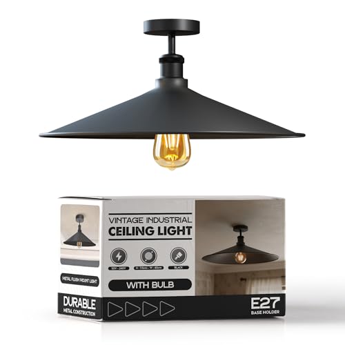 Industrial LED Flush Mount Ceiling Light Fixture ~6449 – Black / With Bulb